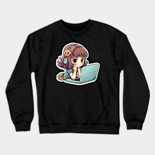 Kawaii Anime girl using laptop Crewneck Sweatshirt